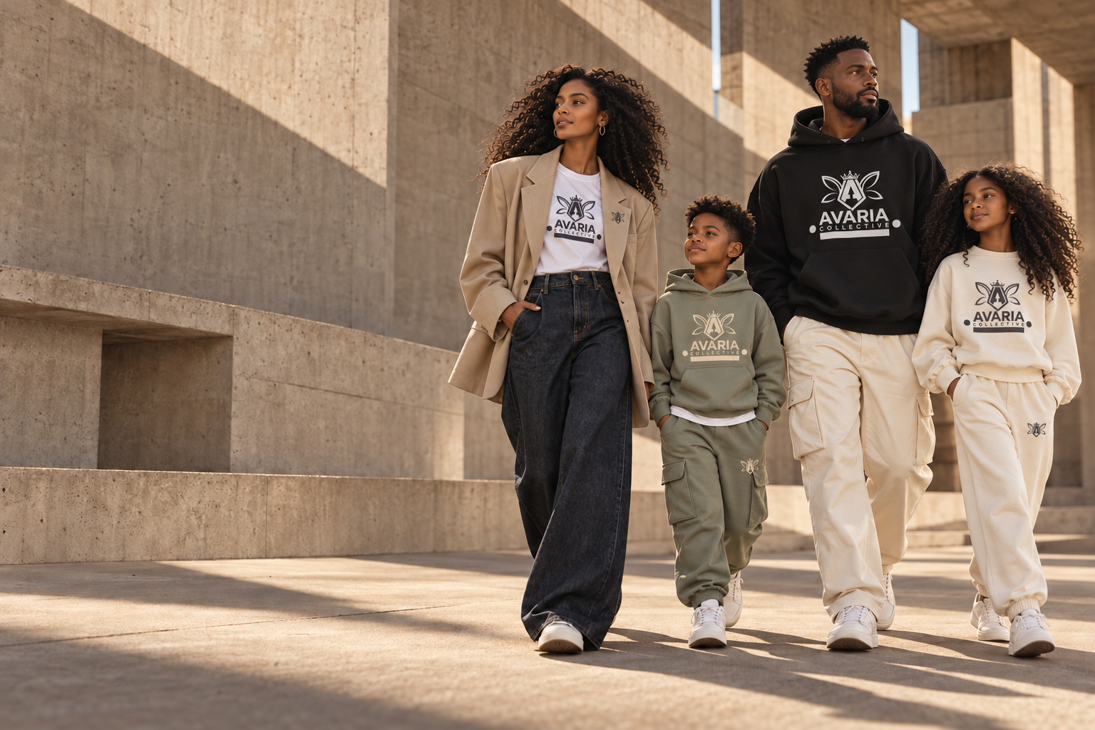 Avaria campaign concept: a family in contemporary neutral streetwear